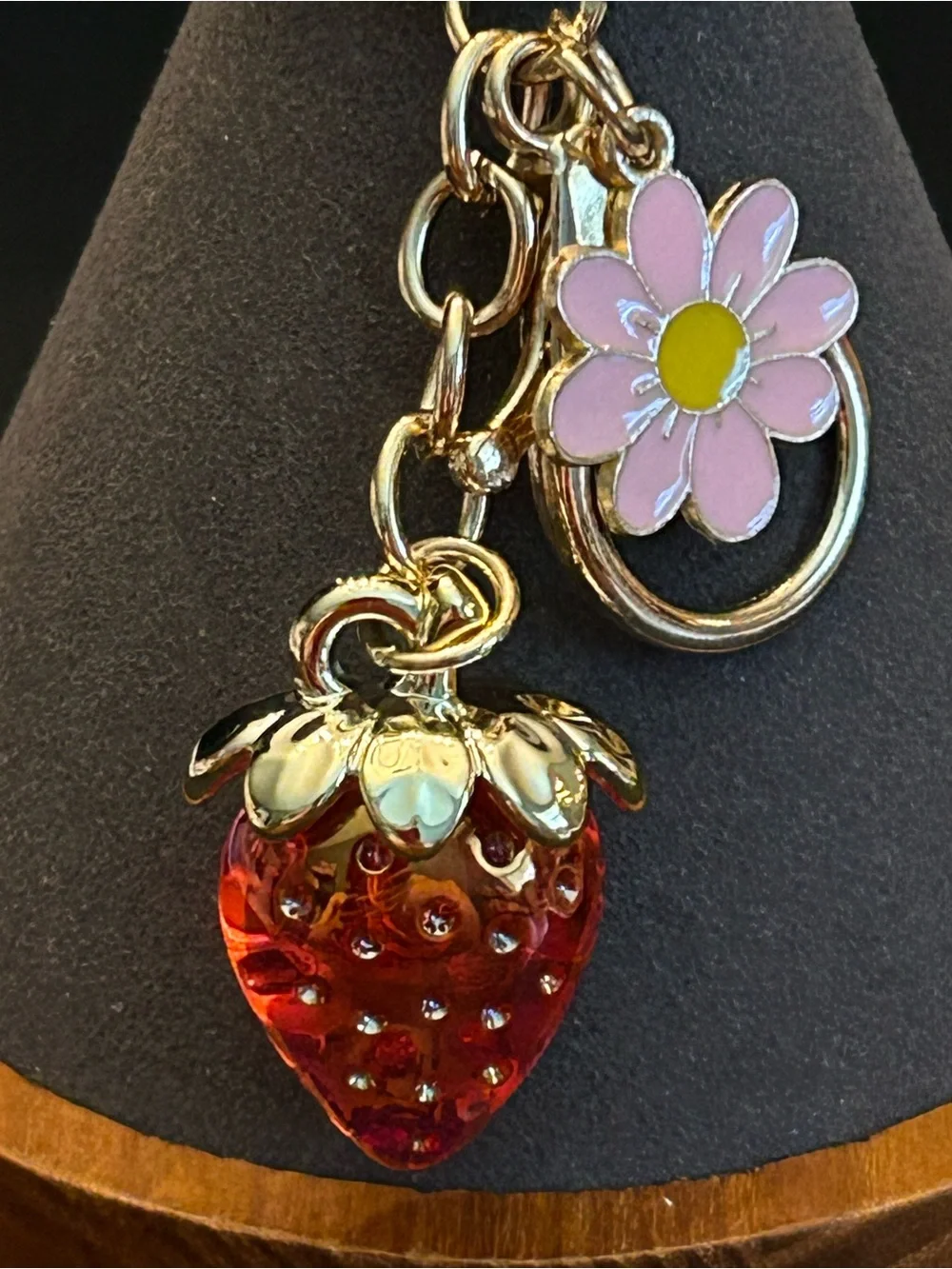 Gold-Tone & Iridescent Strawberry 🍓 & Color Enamel Flower Bag Charm Keychain NWT